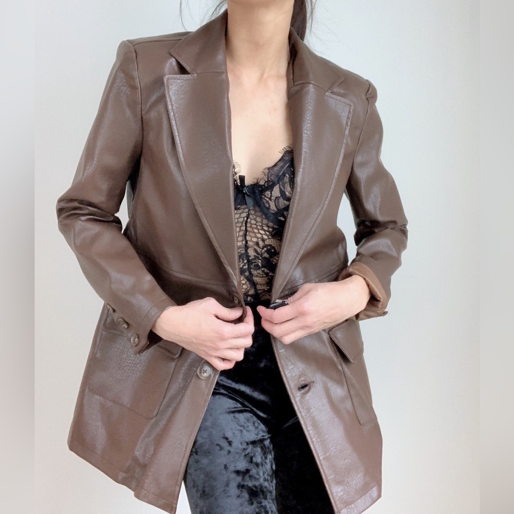 FRANKIE Faux leather Blazer Jacket s Dark Choco - Picture 8 of 10